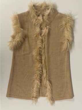 Alicia Adams Alpaca Sweater Vest Tan Brown Fur Trim Soft Luxury Peru Women XS